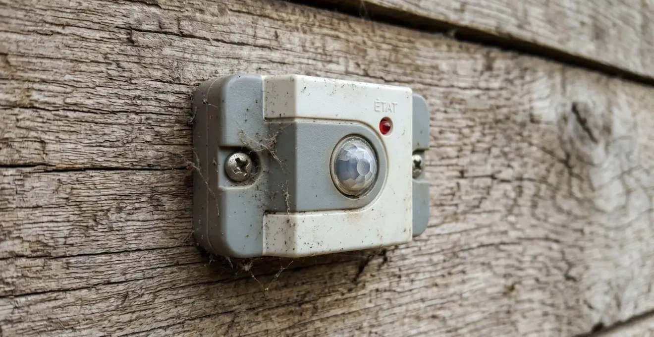 Capteur de lumière crépusculaire monté sur paroi en bois de poulailler avec cellule photosensible et voyant LED