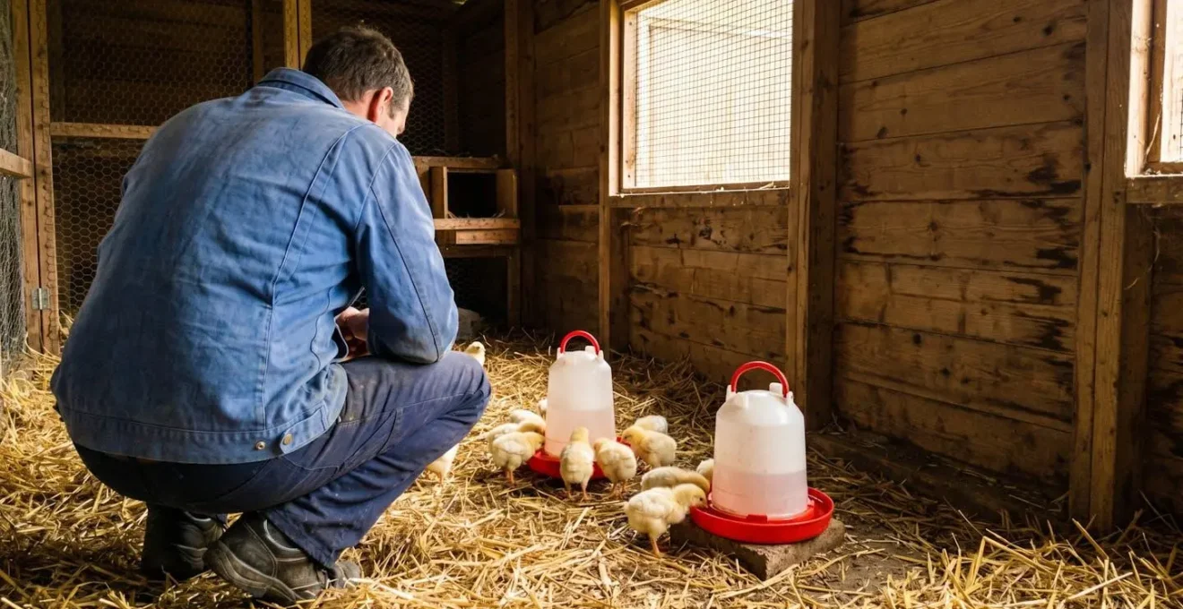 Une personne observe de dos plusieurs poussins jaunes s'abreuvant dans un petit abreuvoir en plastique à coupelle basse, dans un poulailler lumineux avec litière de paille propre