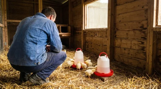Une personne observe de dos plusieurs poussins jaunes s'abreuvant dans un petit abreuvoir en plastique à coupelle basse, dans un poulailler lumineux avec litière de paille propre