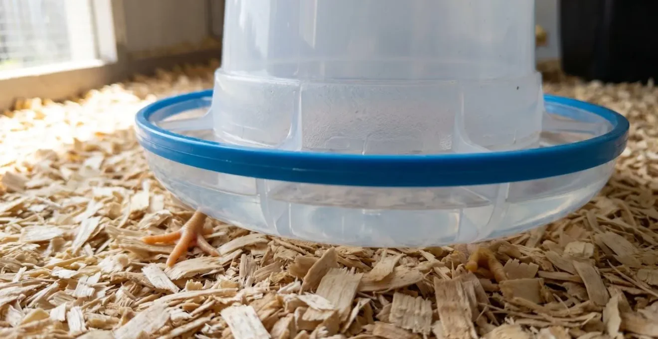 Gros plan sur un abreuvoir spécial poussin en plastique bleu transparent montrant le niveau d'eau très bas, avec les petites pattes jaunes d'un poussin à côté du rebord pour comparaison d'échelle