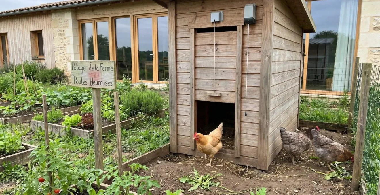 Poulailler en bois avec porte automatique à guillotine semi-ouverte dans un jardin domestique français