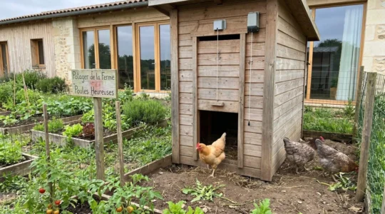 Poulailler en bois avec porte automatique à guillotine semi-ouverte dans un jardin domestique français