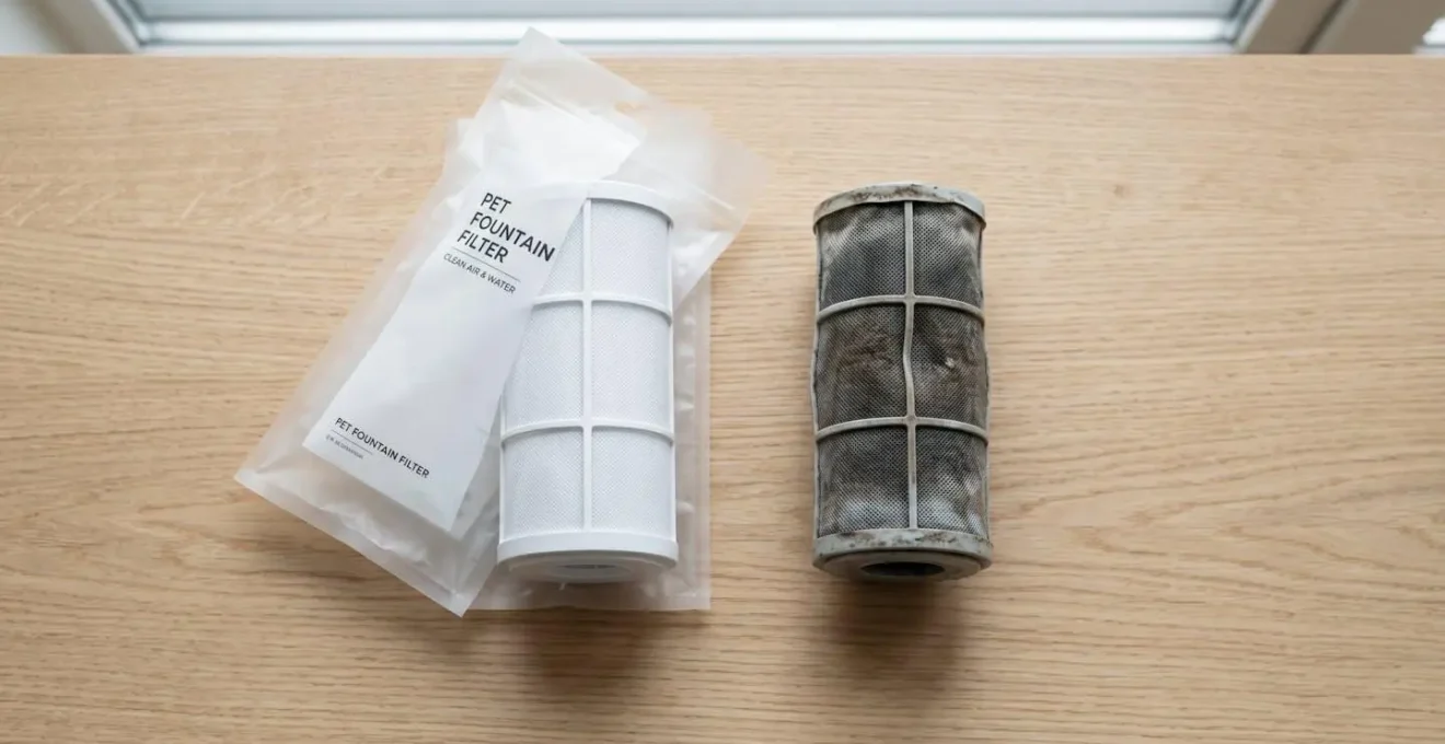 Deux filtres à charbon actif pour fontaine à eau posés côte à côte : un filtre neuf blanc à gauche et un filtre usagé noirci à droite