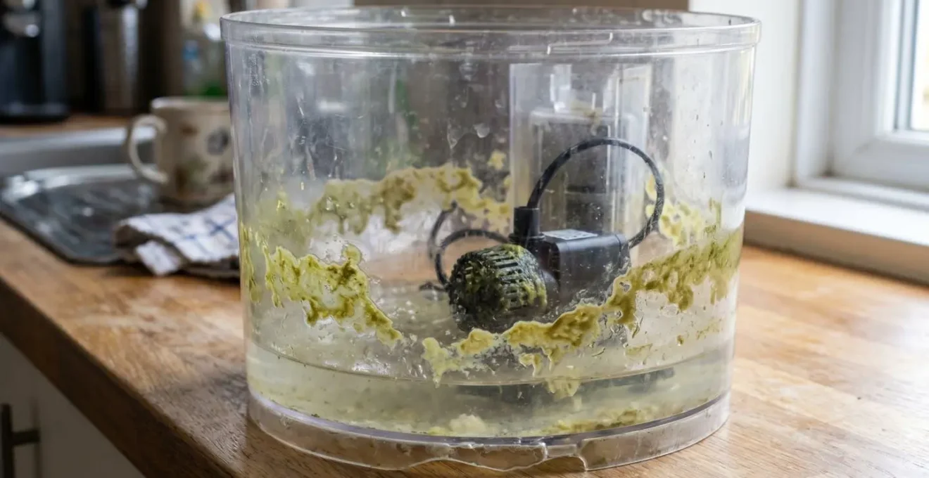 Intérieur d'un réservoir de fontaine à eau pour chien en plastique transparent avec dépôts verts de biofilm visibles sur les parois