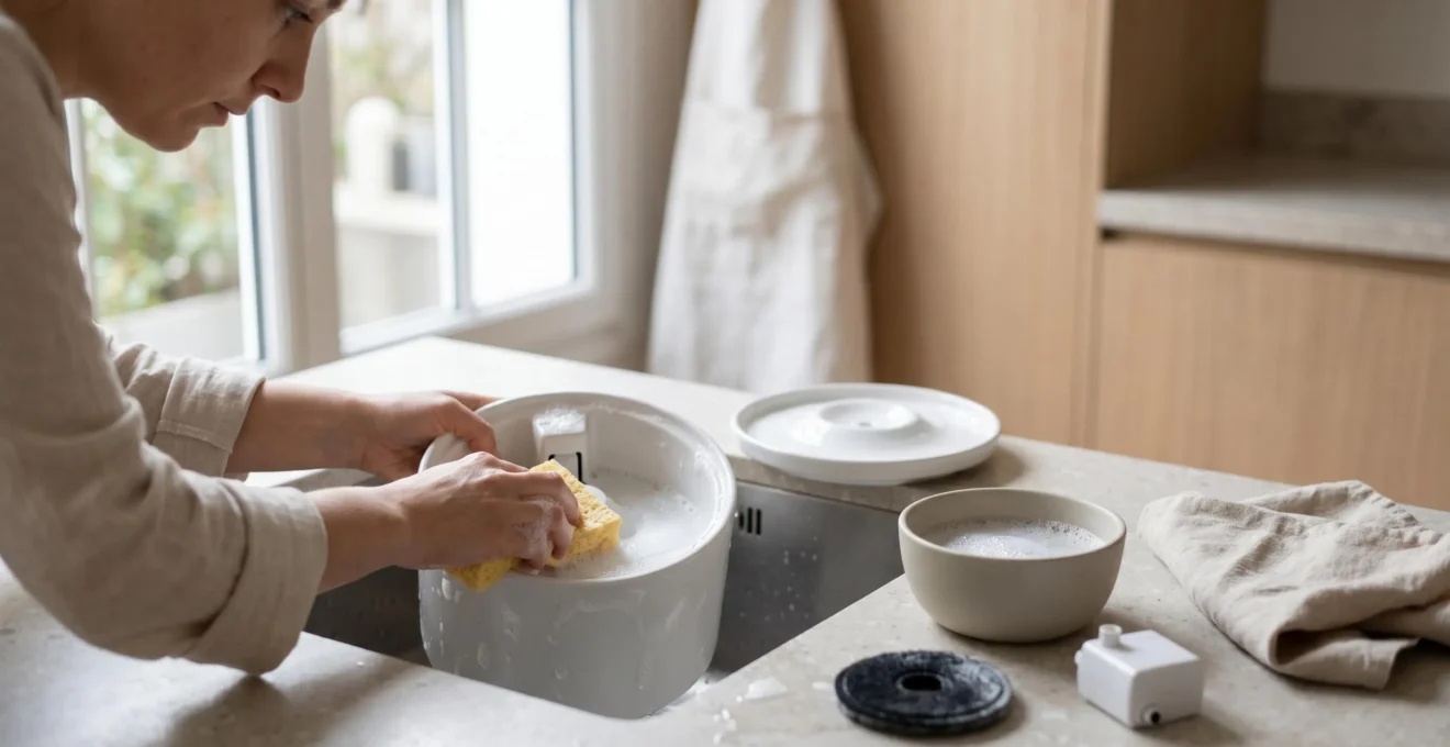 Mains en train de nettoyer le réservoir d'une fontaine à eau en céramique blanche pour chien sur un plan de travail de cuisine, avec éponge et bol d'eau savonneuse à proximité